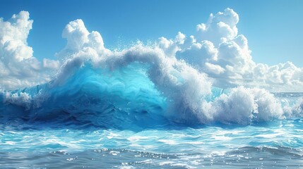 Fototapeta premium A vibrant ocean wave crashing under a blue sky with fluffy clouds.