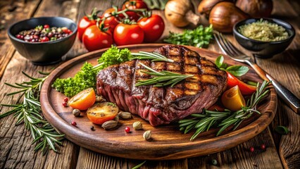 Grilled steak with fresh vegetables and herbs on a rustic wooden table in a cozy dining setting, natural light