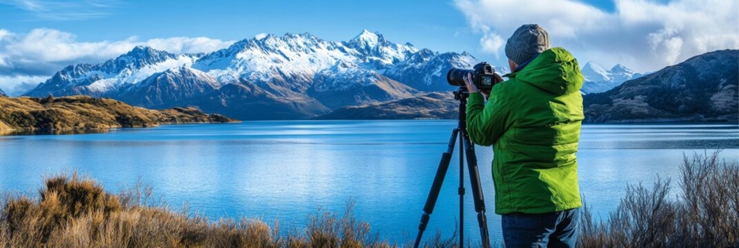 A man is taking a picture of a beautiful lake with mountains in the background - Powered by Adobe