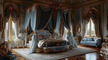 Opulent Blue and Gold Royal Bedroom Interior