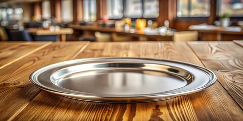 Fototapeta premium A stainless steel diner plate with a circular shape and a smooth edge, placed on a wooden table in a retro-style diner, table, decor
