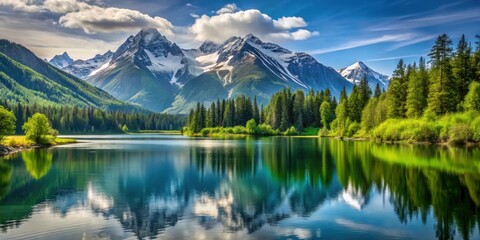 A majestic snow-capped mountain range with a serene lake in the foreground and lush greenery surrounding it