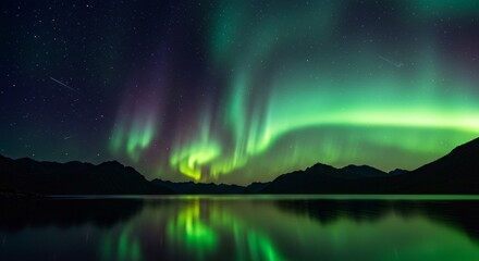 A tranquil mountain lake reflecting a sky filled with auroras and shooting stars