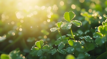 Vibrant green clover with dew drops bathed in golden sunlight, symbolizing luck and renewal in nature's embrace