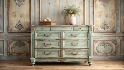Distressed wooden dresser with ornate metal hardware and soft pastel colors in a cozy vintage room interior , soft pastels, interior design