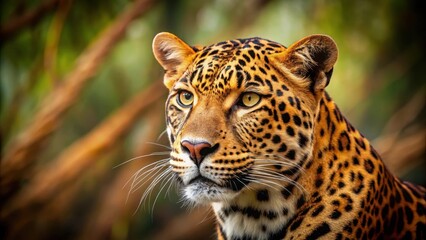 Obraz premium A majestic leopard's head with a unique spot pattern, placed against a seamless brown and green natural environment background, fur