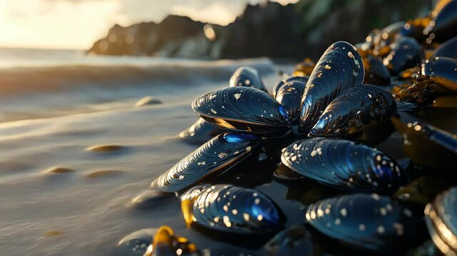Shimmering mussels resting on a sandy beach during a golden hour near rocky cliffs