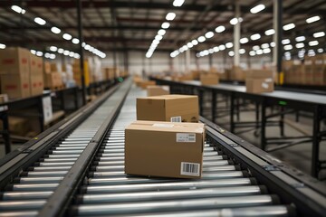 Carton boxes on conveyor belt in factory