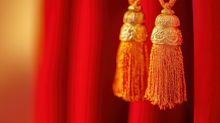 Elegant Gold Tassels on Red Fabric Background