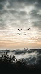 Spooky Halloween Bats Flying over Foggy Cityscape at Dusk