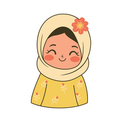 Beautiful Islamic Muslim Girl Cartoon Character Wearing Yellow Hijab While Smiling
