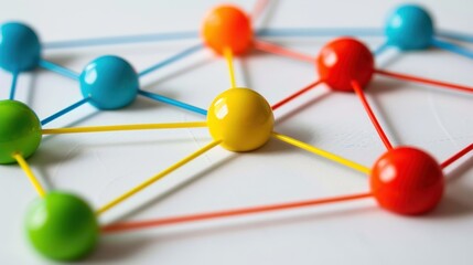 Colorful network connections with vibrant spheres and elastic bands create playful and engaging visual representation of connectivity and collaboration