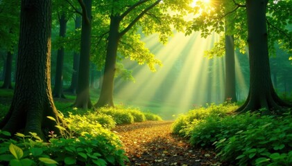Obraz premium Golden sunlight streams through emerald canopy, dappling forest floor , dappled, organic