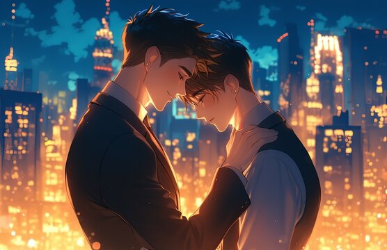 two men in love, gazing into each other's eyes under city lights at night