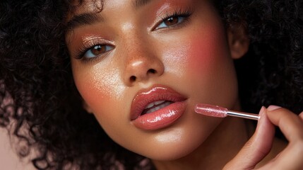 Close-up of woman applying lip gloss, radiant makeup. Ideal for beauty, cosmetics, and makeup tutorial websites.