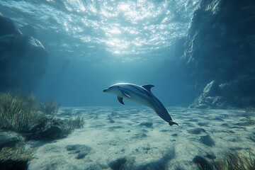 Obraz premium Striped Dolphin Gracefully Swimming in Underwater Paradise