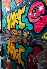 colorful graffiti art on urban brick wall with puddle reflections, photorealistic 4K street art for creative backgrounds, culture and vaporwave inspiration with copy space