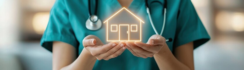 A healthcare professional holds a glowing house symbol, representing the connection between medical care and home health.
