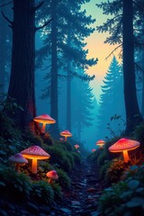 Mysterious forest at dusk with glowing mushrooms and mist, nature, atmosphere