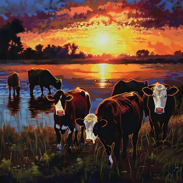 Cows in sunset