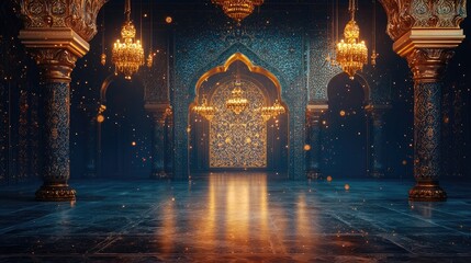 Ornate palace interior, shimmering lights, festive background, ideal for event invitations
