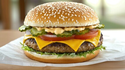 A delicious cheeseburger with a sesame seed bun, fresh lettuce, tomatoes, pickles, onions, and creamy sauce, served on a white napkin.