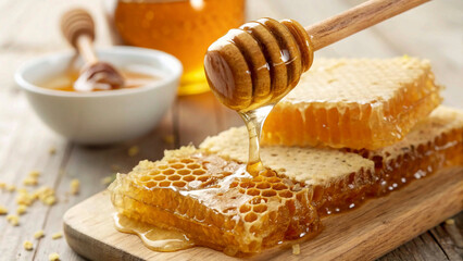 Honey with honeycomb and wooden spoon,spoon, wooden, glasses,gold, sticky