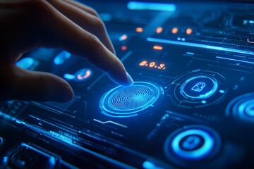 a human finger touching a digital fingerprint scanner. The scanner glows with blue light, and the background is a clean, futuristic interface with security icons and holographic effects. 