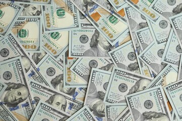 Big amount of american USD hunderd dollar bills banknotes close up
