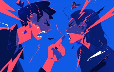 two people engaged in an argument, with sparks emanating from their heads and red lightning bolts in a dark blue background