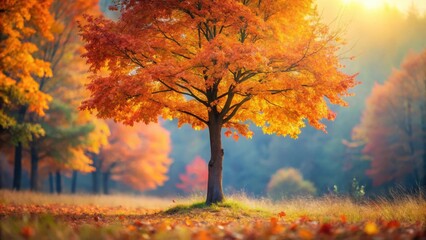 A lone tree stands alone amidst a sea of vibrant autumn leaves in a serene forest setting , blurred background, fall foliage