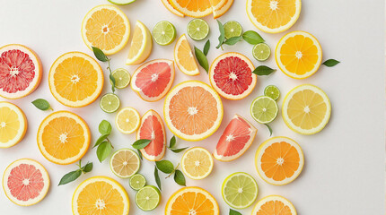 Flat Lay of Sliced Citrus Fruits Arranged in a Circle, including oranges, lemons, limes, and grapefruits
