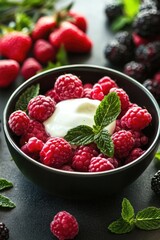 Raspberries on yogurt with mint