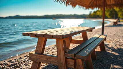 Wooden Bench Lake Beach Hourtin France,  Sunlit,  Photorealistic,  Coastal Scene
