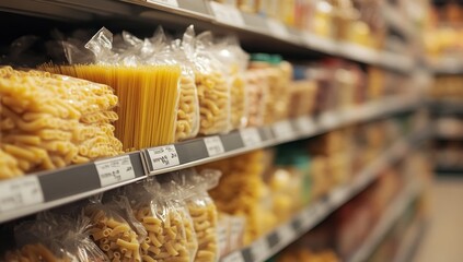 Fototapeta premium Grocery Store Pasta Aisle: A Close-Up View of Various Pasta Shapes and Sizes