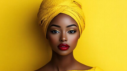 A striking portrait of a confident black woman in a yellow headwrap, perfect for empowering campaigns, fashion promotions, or Black History Month celebrations.