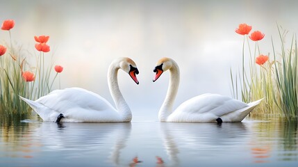 Obraz premium Elegant swans performing a dance in a tranquil lake surrounded by vibrant flowers serene nature scene close-up view