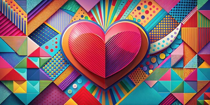 A detailed illustration of a heart on an abstract background with a mix of bold colors and geometric shapes, symbolizing love and passion in a modern setting, relationship, abstract