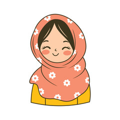 Cute Islamic Muslim Girl Cartoon Character Wearing Pattern Pink Hijab While Smiling