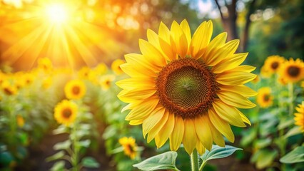 Obraz premium Vibrant sunflower blooms in midsummer, its bright yellow petals facing the warm sunlight, flowers, garden