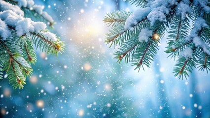 Dense fir branch with snowflakes gently falling on it, creating a serene winter scene