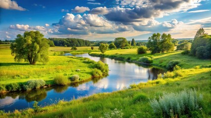 Fototapeta premium Summer landscape with meadows and river, nature, outdoors, nature, outdoors,serene lake view, green hills