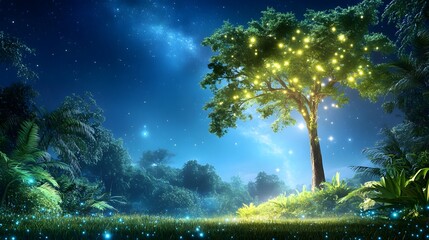 Fototapeta premium Enchanting nighttime tree illuminated by fireflies in a serene forest setting