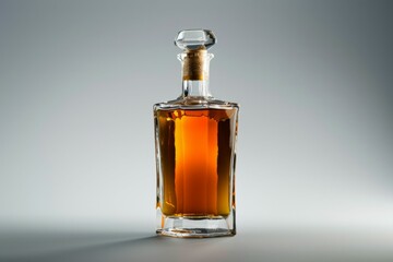 Whisky or cognac alcohol glass bottle on table with a dark grey background. Professional photo
