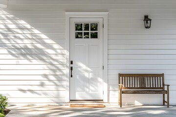 Serene White House Exterior with Wooden Bench and Door Illustration