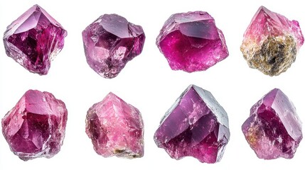 Fototapeta premium Eight vibrant pink tourmaline crystals, various shapes and sizes. Ideal for geology, jewelry, or spirituality websites; showcases natural beauty.