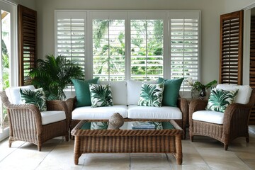 Rattan furniture with tropical leaf cushions sits in a sunroom. Perfect for showcasing home decor, relaxation, and tropical vibes.