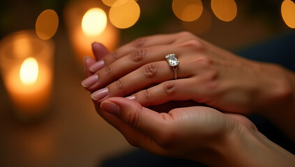 A sparkling diamond ring being placed gently on a hand during an engagement ceremony, with golden bokeh and subtle romantic music.

