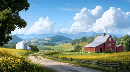 Scenic farm landscape in the countryside nature photography lush green fields and rolling hills vibrant skies