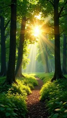 Fototapeta premium Bucolic scene with sunlit forest glade and trees radiating light through leaves, foliage, nature